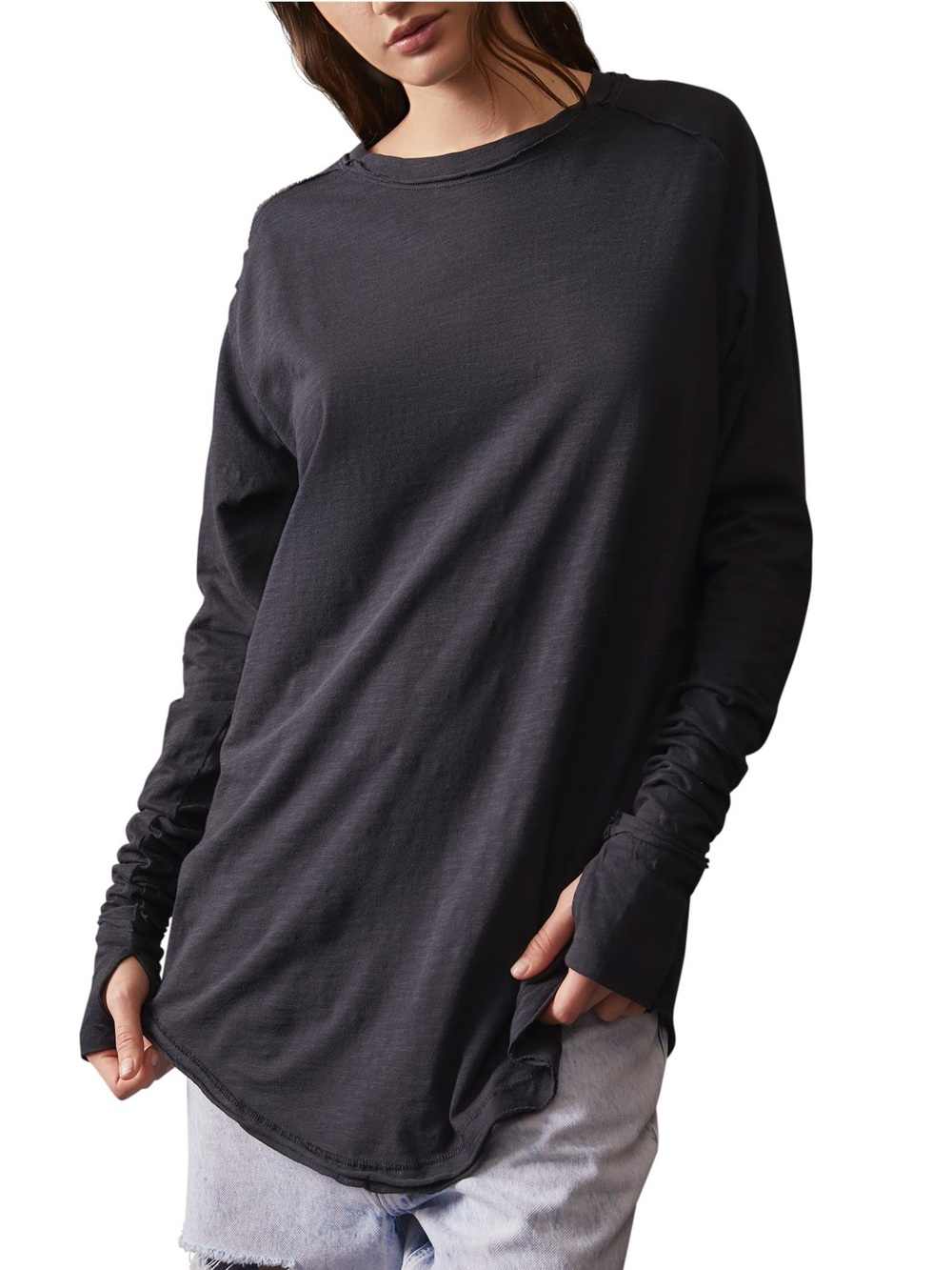 Free People Arden Extra Long 100% Cotton Tee Black Small